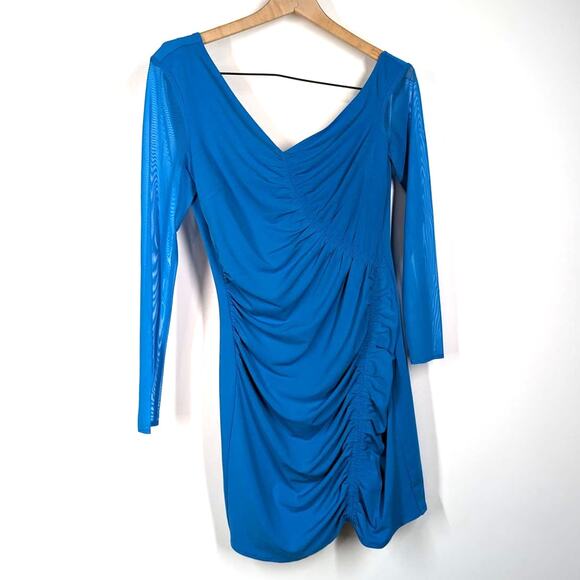 Self-Portrait Blue One Shoulder Ruched Mini Dress Long Sleeve Size 4 Preowned - Picture 4 of 10